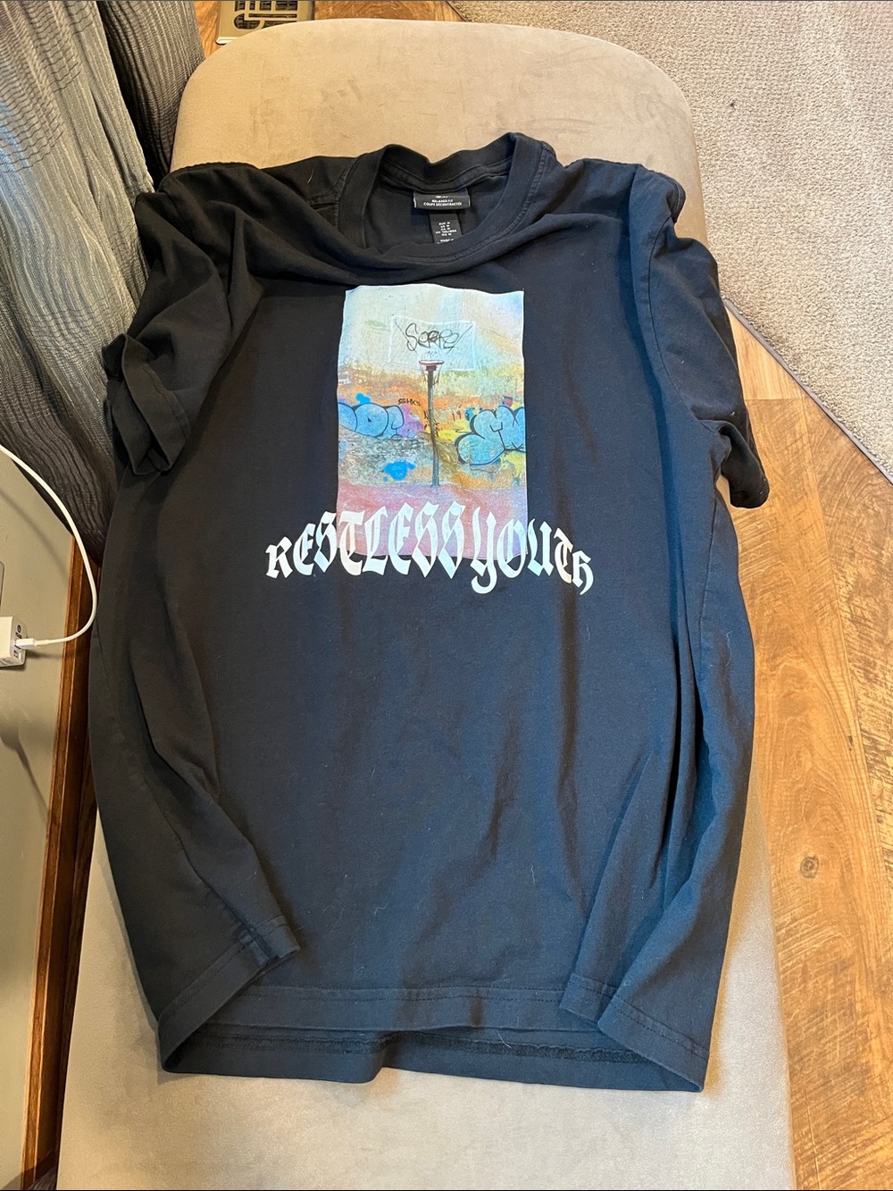 H&M Black Short Sleeve Tee with Multicolor Graffiti Panel